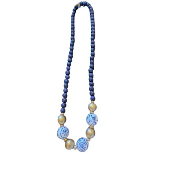 Carolina Strung Chinoiserie Porcelain & Wooden Bead Necklace Artisan - Picture 2 of 4